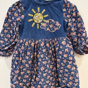 Mini Boden - Blue & Pink "Bluejay Weather" Appliqué Corduroy Dress, Size 6-7